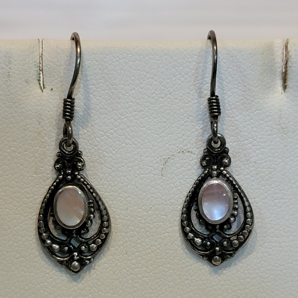 Vintage 925 Sterling Silver Pink Cabochon Oxidized Scroll Dangle Earrings